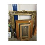 19TH CENTURY GILT AND GESSO PICTURE FRAME, A FURTHER ROSEWOOD FRAME, MAPLEWOOD FRAME ETC