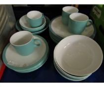 QUANTITY OF JOHN LEWIS TURQUOISE AND WHITE DECORATED PART TEA/DINNER WARES