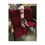 PAIR OF BEECHWOOD FRAMED RED DRALON UPHOLSTERED ARMCHAIRS