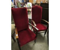 PAIR OF BEECHWOOD FRAMED RED DRALON UPHOLSTERED ARMCHAIRS