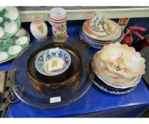 TWO MAJOLICA SCALLOP DISHES, GLASS BOWLS, TANKARD AND A DOULTON BURSLEM JUG, QUANTITY OF PLATES (