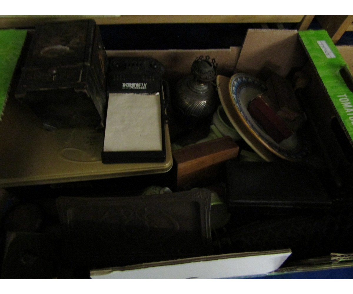 BOX CONTAINING MIXED PLATES, TREEN BOXES, SILVER PLATED TABLE LAMP, TIN OF MIXED IVORY ITEMS ETC