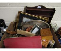 BOX CONTAINING MIXED SILVER PLATED WARES, CARDS ETC