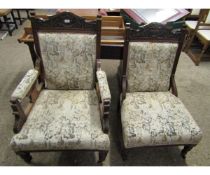 PAIR OF WALNUT FRAMED HIS AND HERS CHAIRS WITH EMBROIDERED SEATS AND BACKS