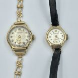 9ct gold cocktail watch with gold pierced strap, with a 9ct gold cocktail watch on leather strap