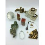 Mixed lot of various items to include jade, sterling silver tooth pick, pieces of mirrors, glass
