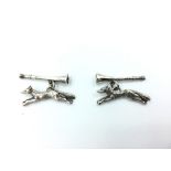 Pair of silver cufflinks in the form of dogs & bugle hunting style
