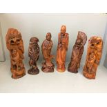 6 Modern carved wood figurines 44h cm & smaller