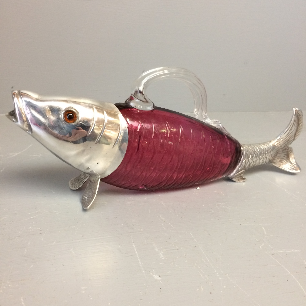 Silver plated & ruby glass claret jug modeled as a fish 32L cm - Image 2 of 2