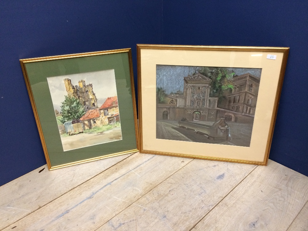 D Thomas crayons "Town House" & watercolour of "Castle ruins & farm yard"