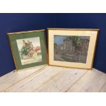 D Thomas crayons "Town House" & watercolour of "Castle ruins & farm yard"