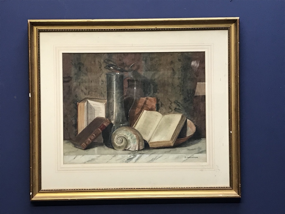 Watercolour, Still Life, Study of Books & Fossils, sighed lower right, Chamberlain, framed & glazed,