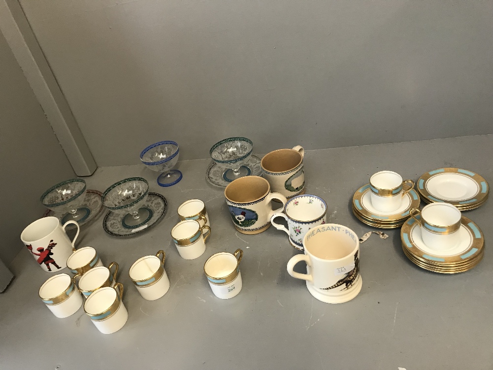 Aynsley porcelain coffee set 10 cups 12 saucers decorated in pale blue & gilt, set on continental