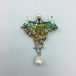 Silver Art Nouvea style Plique A Jour brooch/pendant with pearl drop