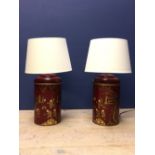 Pair of Chinese red toleware tea cannister lamps, PAT tested with shades