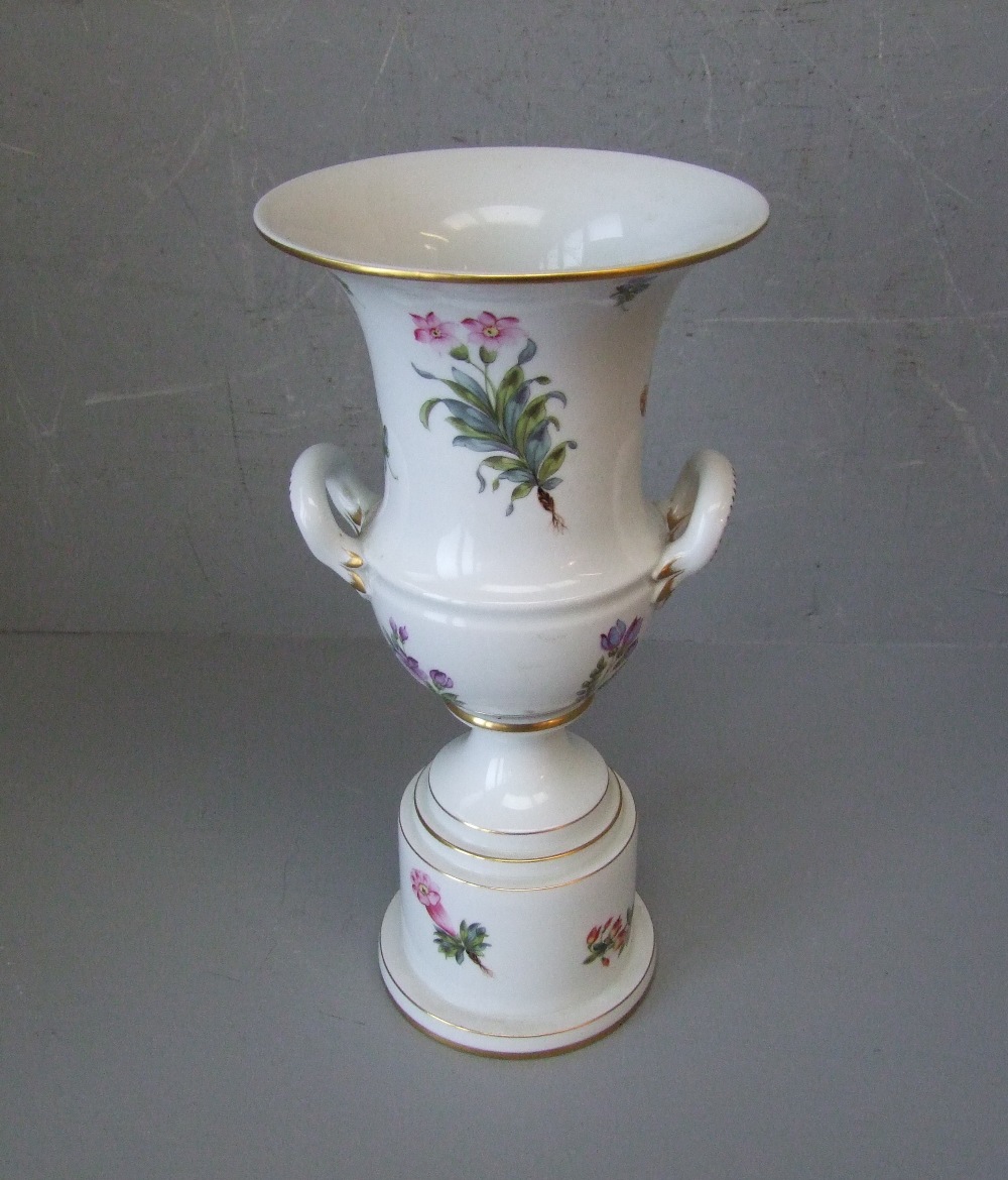 Herend porcelain 2 handled trumpet shaped vase on stepped base, decorated with flowers 31cm H