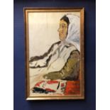 Janet LLewellyn modern oil on canvas "Seated Woman with Scarf" 80 X 50cm framed