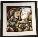 Studio framed modernist oil painting portrait of masquerade figures 52x52cm