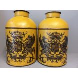 Pair of modern yellow ground Toleware tea cannisters 36Hcm