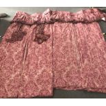 2 pairs of good quality red and fawn patterned lined and interlined full length curtains with