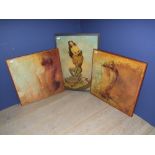 Surrealist colour print & a pair of prints, on board, of naked ladies