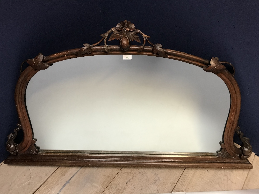 Victorian mahogany framed over mantle mirror with carved fruit & leaf finial decoration, 106W X