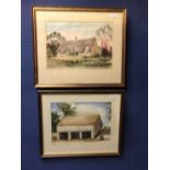 Signed Moira Huntly watercolour "The Thatched Cottage" "Barn At Holwell Oxon" signed with monogramme