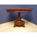 Mahogany & inlaid fold over tea table on 4 column & circular banded legs 91Wx46Dx74H cm