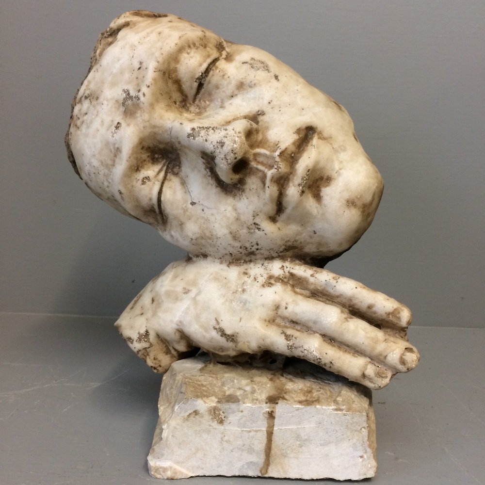 C19th Carved marble face & hand on stone base 30H cm
