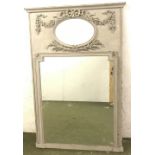 Grey painted Regency over mantel mirror, the top oval decorated with ribbon floral swags and