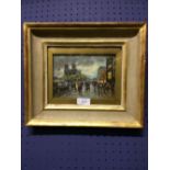 Oil on panel, Parisienne street scene with figures strolling 11.5 x 16.5cm
