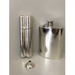 2 White metal hip flasks, 1 shaped as a cigar case, opening to reveal flask & cigar compartment both