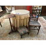 Victorian carved rosewood footstool, pair of mahogany bedroom chairs, modern glass top table with