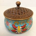 C20th Oriental bronze cloisonee lidded incense burner 8H cm