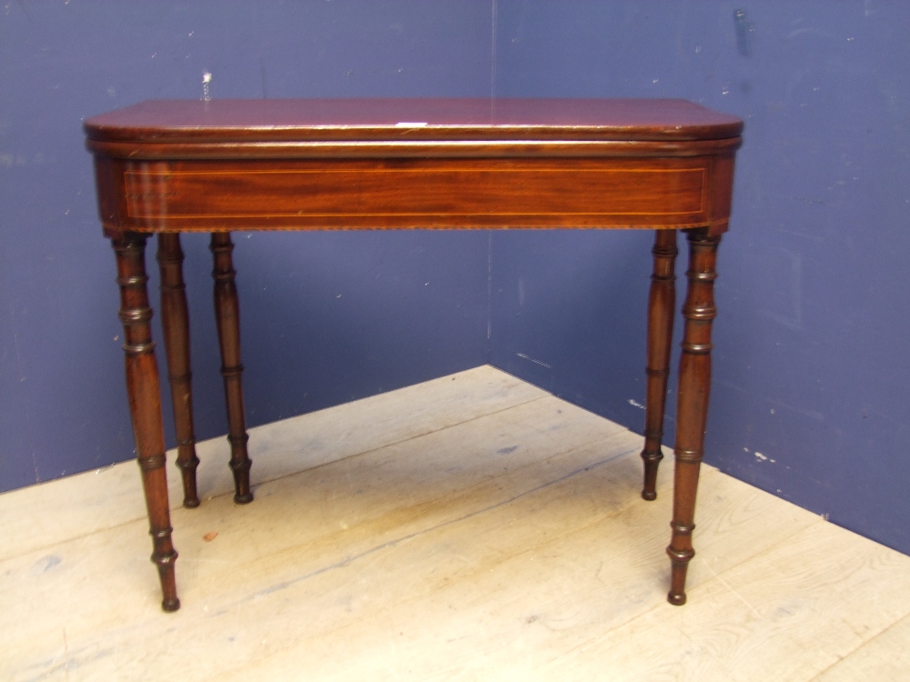 Mahogany fold over table on central circular column to large pad feet 97Wx47Dx75H cm