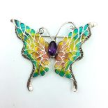 Silver Plique A Jour butterfly brooch with central amethyst panel