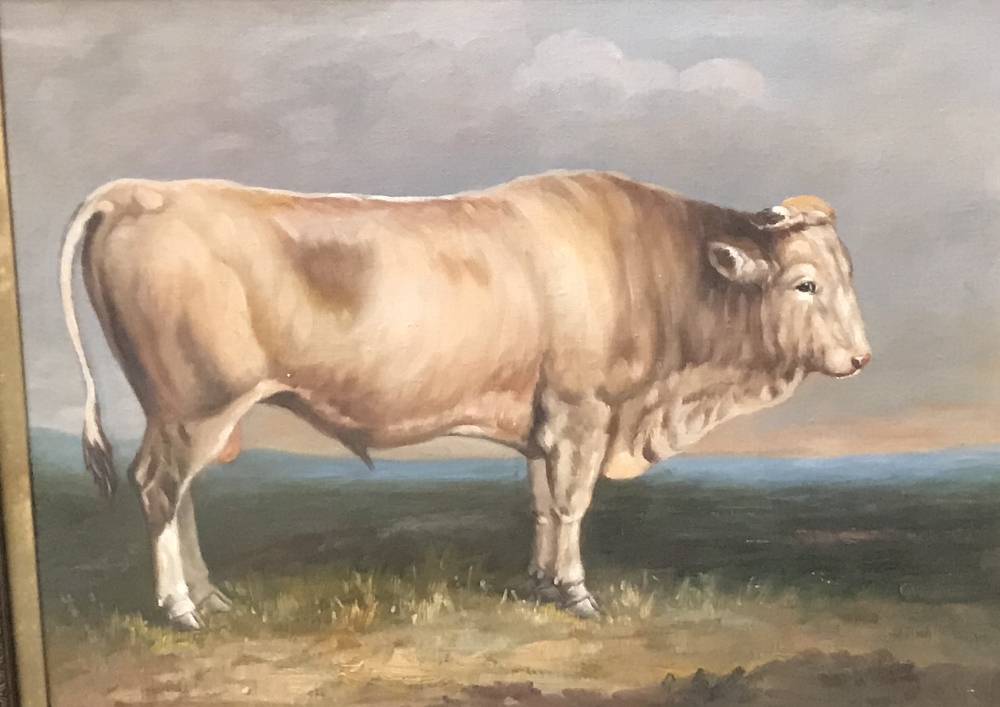 Ebonized framed oil painting of a Bull in country landscape 30 x 40cm - Image 2 of 3