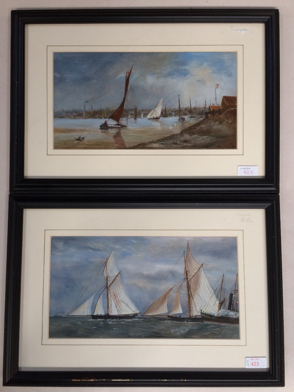 M.F. Pair modern oils on board, "Brailers Water Gt Yarmouth", Signed with initials, Lower Right,