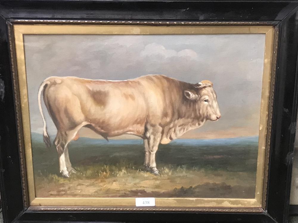 Ebonized framed oil painting of a Bull in country landscape 30 x 40cm - Image 3 of 3