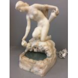 Early C20th Alabaster underlit lamp as a "A Naked Greek Maiden collecting Water" 36H cm