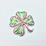 Silver 4 leaf clover brooch/pendant with central ruby panel