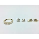 Silver gem set ring & 4 pairs of silver earrings