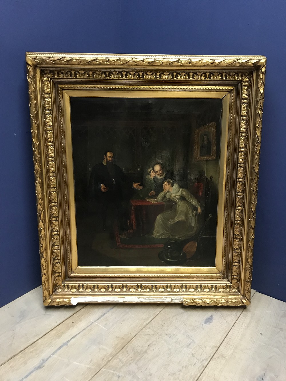 C19th school oil on canvas "The Torment of Mary Queen of Scots" 66 X 57cm in heavy gilt frame