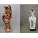 Chinese square tapering vase on wooden plinth, as a lamp, decorated with figures & flowers 42H cm &