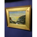 C20th/19th Gilt framed oil painting of an English coastal inlet with fishing boat at anchor 28 x