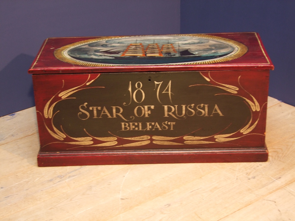 Painted wooden chest, with nautical theme - 1874 Star of Russia, Belfast painted to front, with ship