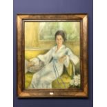Zeta C20th oil on canvas 'Portrait of a young woman seated on a yellow sofa' signed lower left