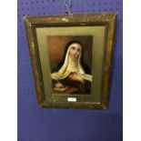 Gilt framed oil painting portait of a Saintly figure writing a scripture 23.5 x 16cm