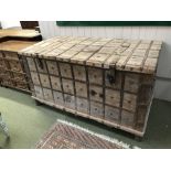 Very large & heavy wooden & metal bound trunk with slightly domed rising lid 78Wx156Lx90H cm