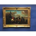 C20th Oil painting of a scene of horses & figures in landscape 58 X 89cm